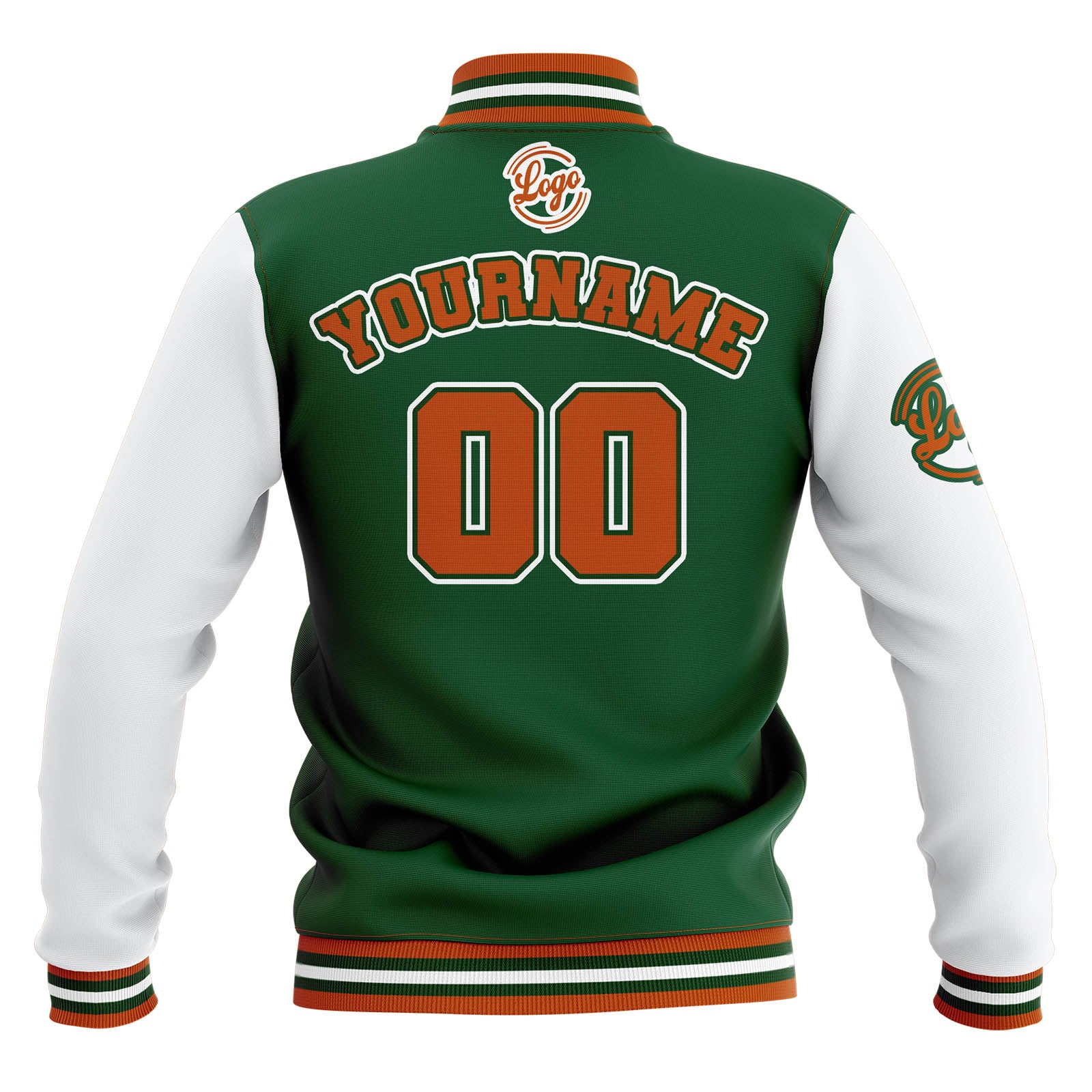 Custom Green White Orange Waterproof Varsity Jackets Personalized Stitched Name Number Logo to Letterman Jackets