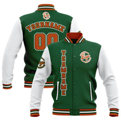 Custom Green White Orange Waterproof Varsity Jackets Personalized Stitched Name Number Logo to Letterman Jackets