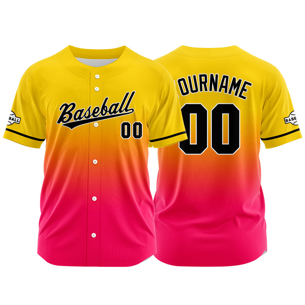 Custom Gradient Print Hip Hop Button Down Baseball Jersey Yellow&Hot Pink