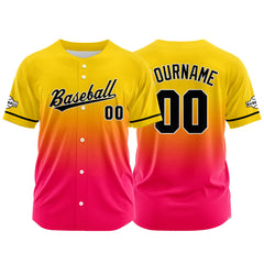 Custom Gradient Print Hip Hop Button Down Baseball Jersey Yellow&Hot Pink