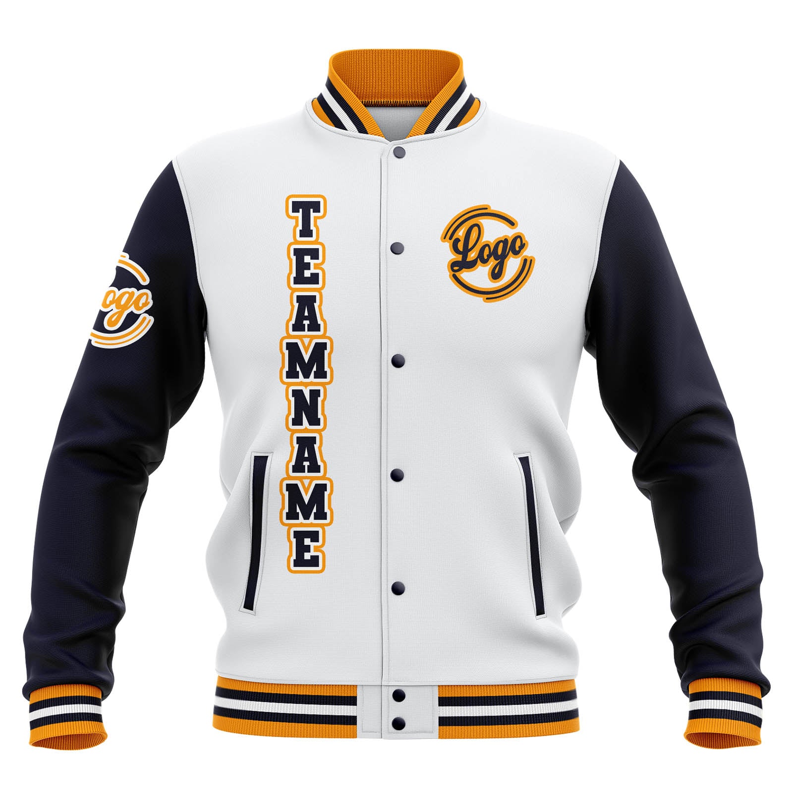 Custom White Navy Yellow Waterproof Varsity Jackets Personalized Stitched Name Number Logo to Letterman Jackets