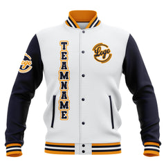 Custom White Navy Yellow Waterproof Varsity Jackets Personalized Stitched Name Number Logo to Letterman Jackets