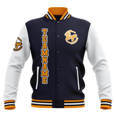 Custom Navy White Yellow Waterproof Varsity Jackets Personalized Stitched Name Number Logo to Letterman Jackets