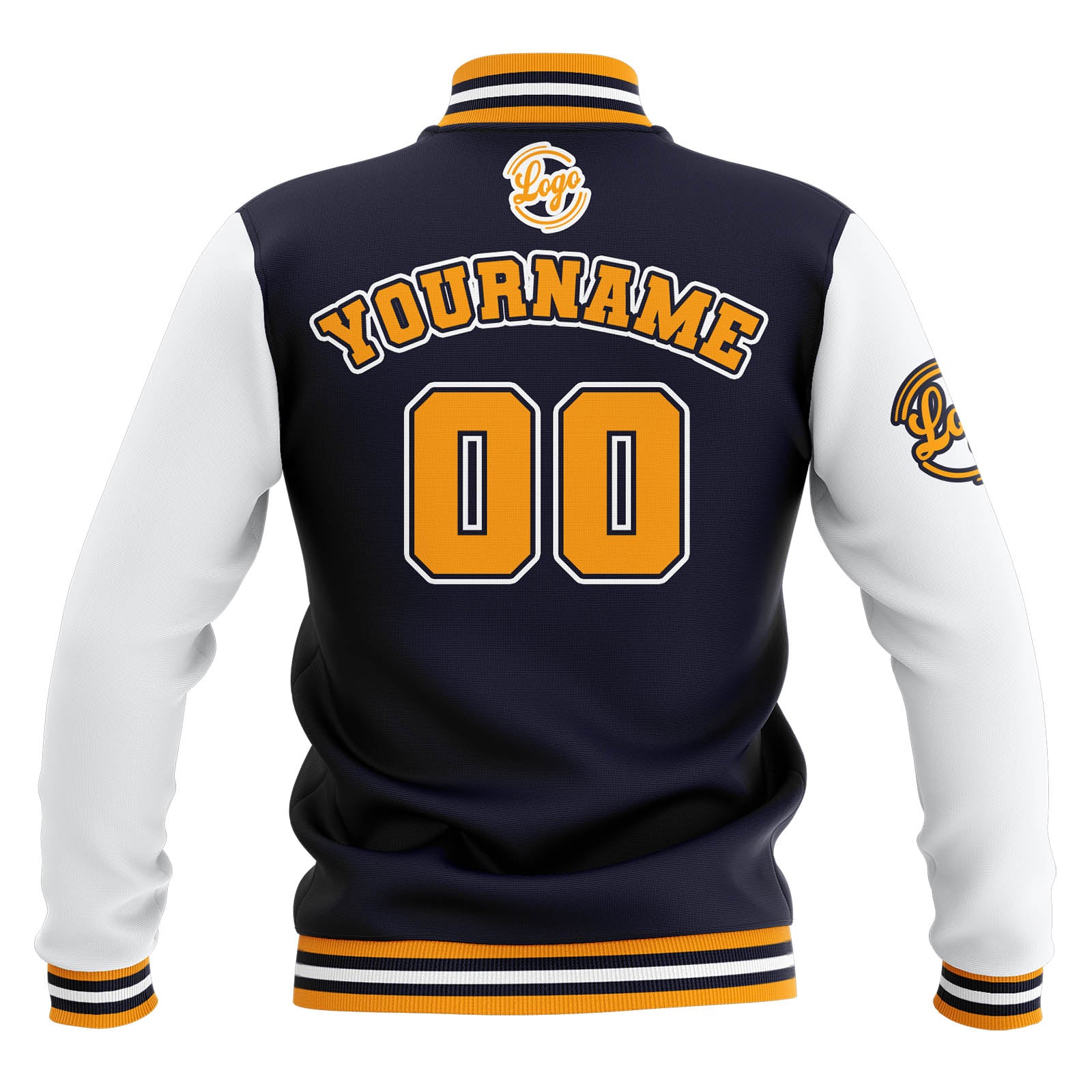 Custom Navy White Yellow Waterproof Varsity Jackets Personalized Stitched Name Number Logo to Letterman Jackets