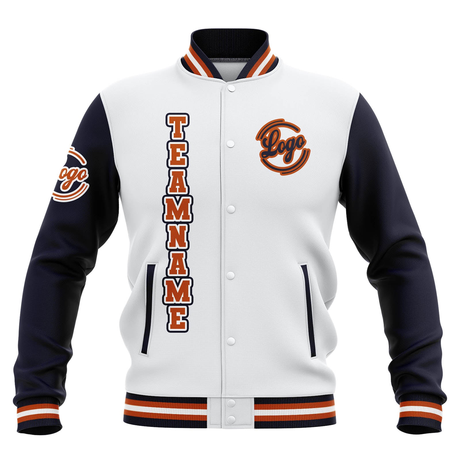 Custom White Navy Orange Waterproof Varsity Jackets Personalized Stitched Name Number Logo to Letterman Jackets