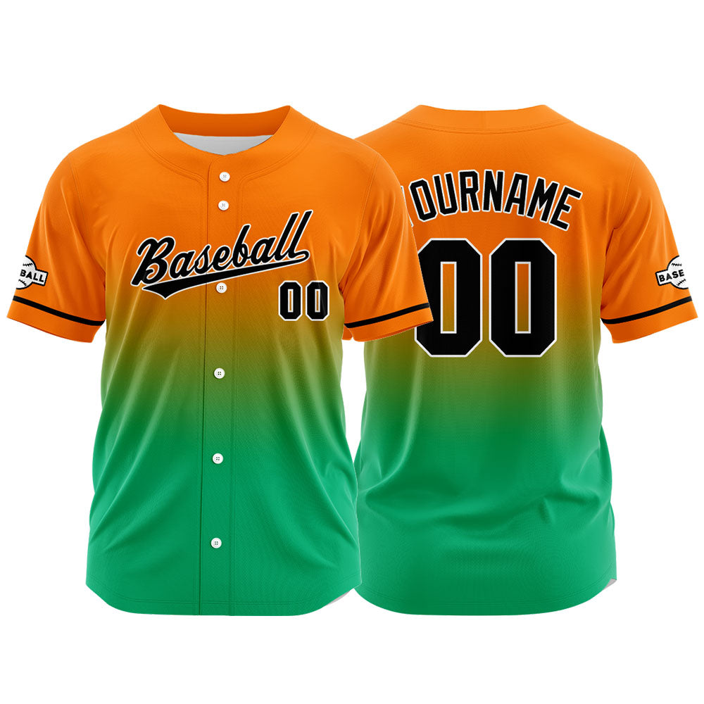 Custom Gradient Print Hip Hop Button Down Baseball Jersey Orange&Green