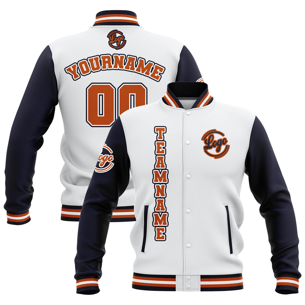 Custom White Navy Orange Waterproof Varsity Jackets Personalized Stitched Name Number Logo to Letterman Jackets