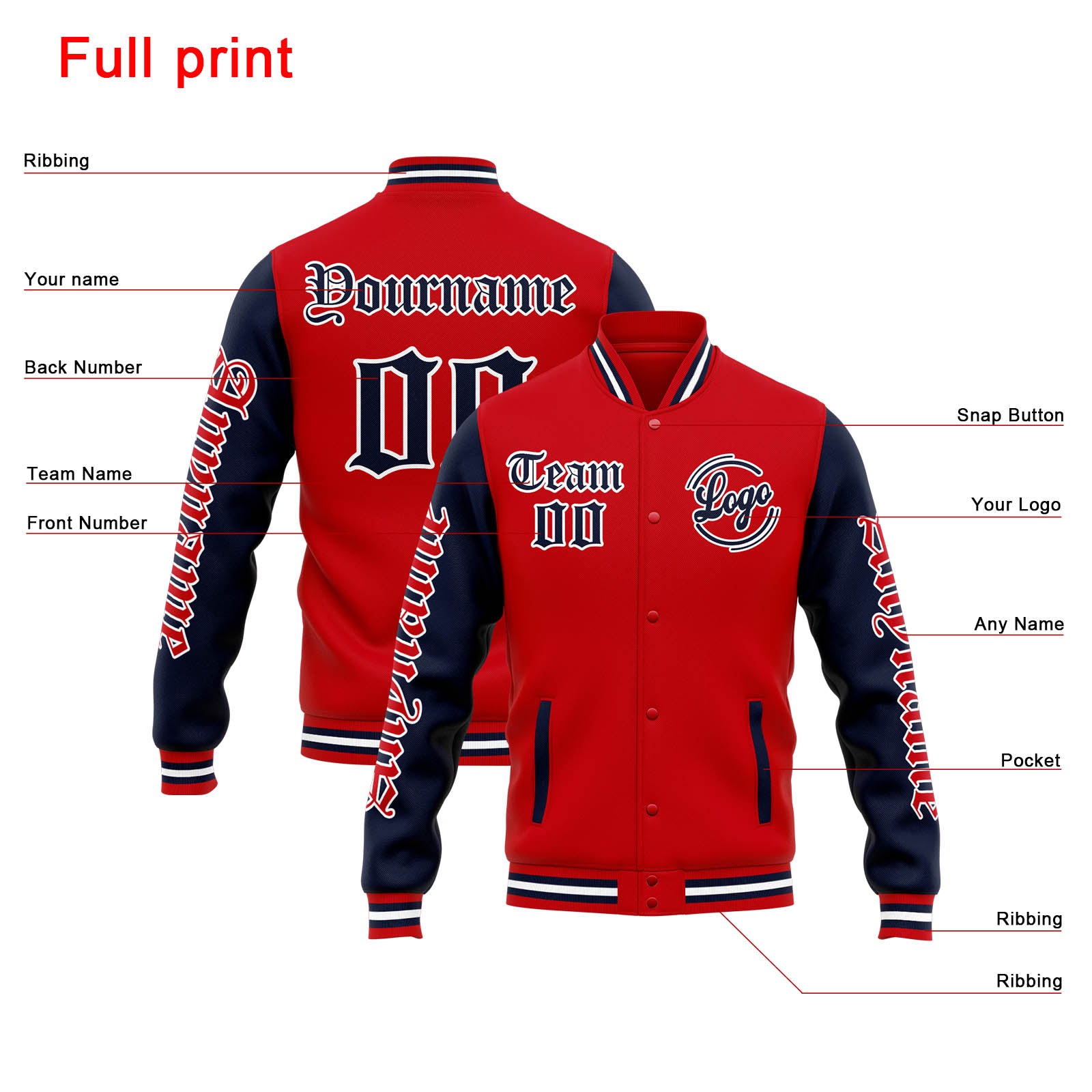 Custom Varsity Jacket Letterman Jacket For Men, Women And Youth Red Navy