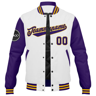 Custom Varsity Jacket Letterman Jacket For Men, Women And Youth Purple White Yellow