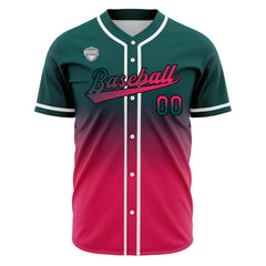 Custom Gradient Print Hip Hop Button Down Baseball Jersey Dark Green&Pink