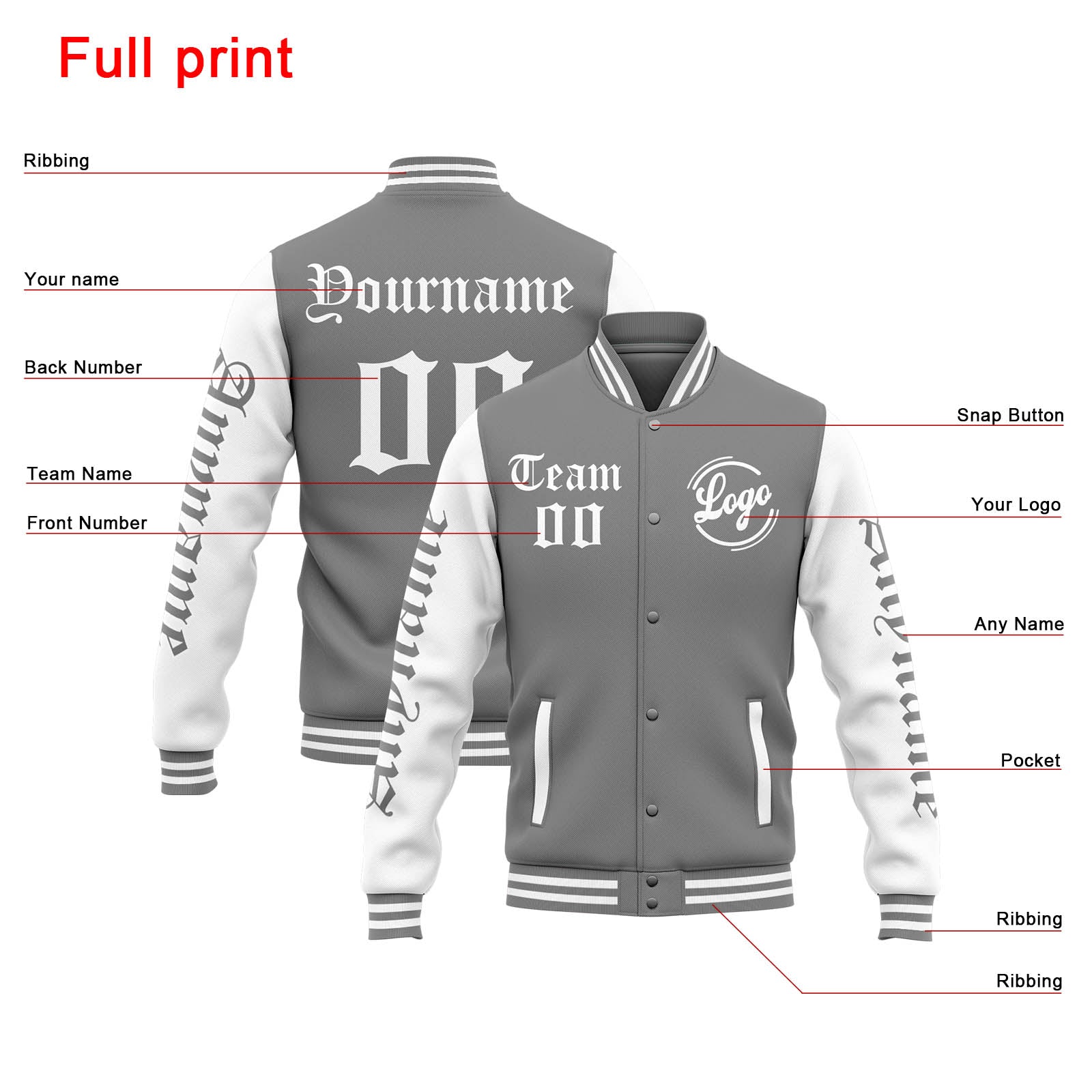 Custom Varsity Jacket Letterman Jacket For Men, Women And Youth Grey White