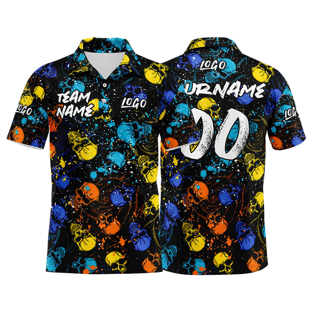 Custom Splash Skull-Blue&Yellow Football Polo Shirts Add Your Unique Logo/Name/Number