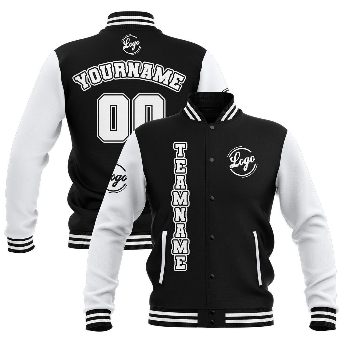 Custom Black White Waterproof Varsity Jackets Personalized Stitched Name Number Logo to Letterman Jackets