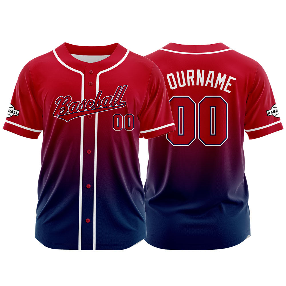 Custom Gradient Print Hip Hop Button Down Baseball Jersey Red-Navy-Red