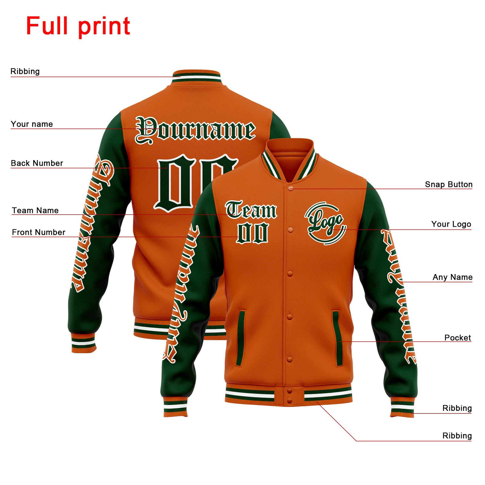 Custom Varsity Jacket Letterman Jacket For Men, Women And Youth Orange Dark Green