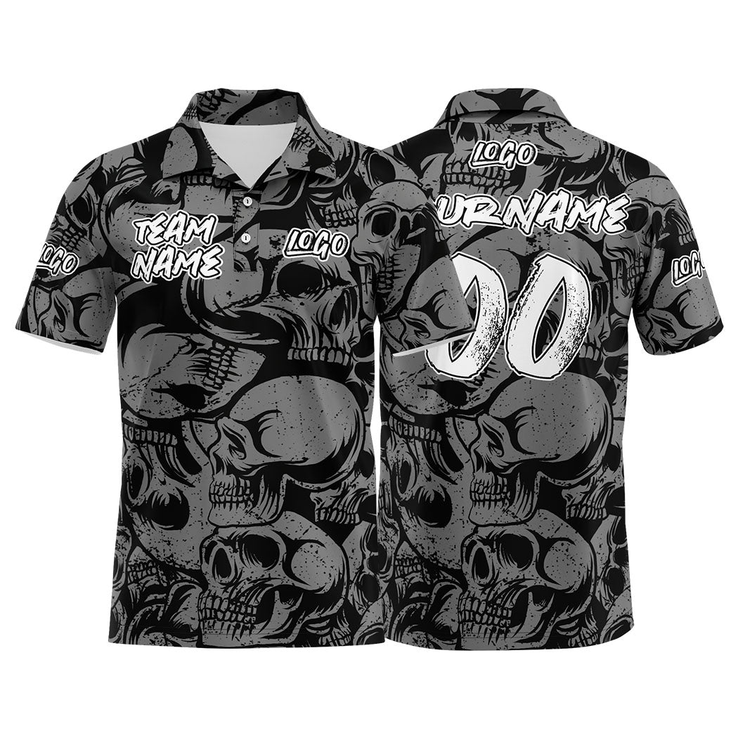 Custom Retro Skull-Black&Grey Football Polo Shirts Add Your Unique Logo/Name/Number