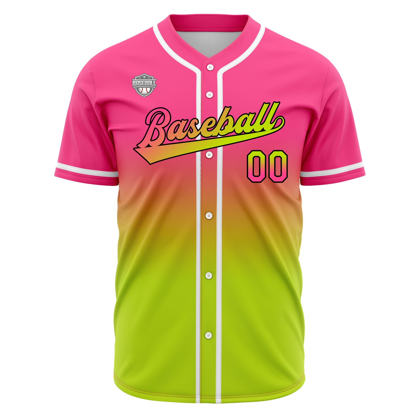 Custom Gradient Print Hip Hop Button Down Baseball Jersey Pink&Chartreuse