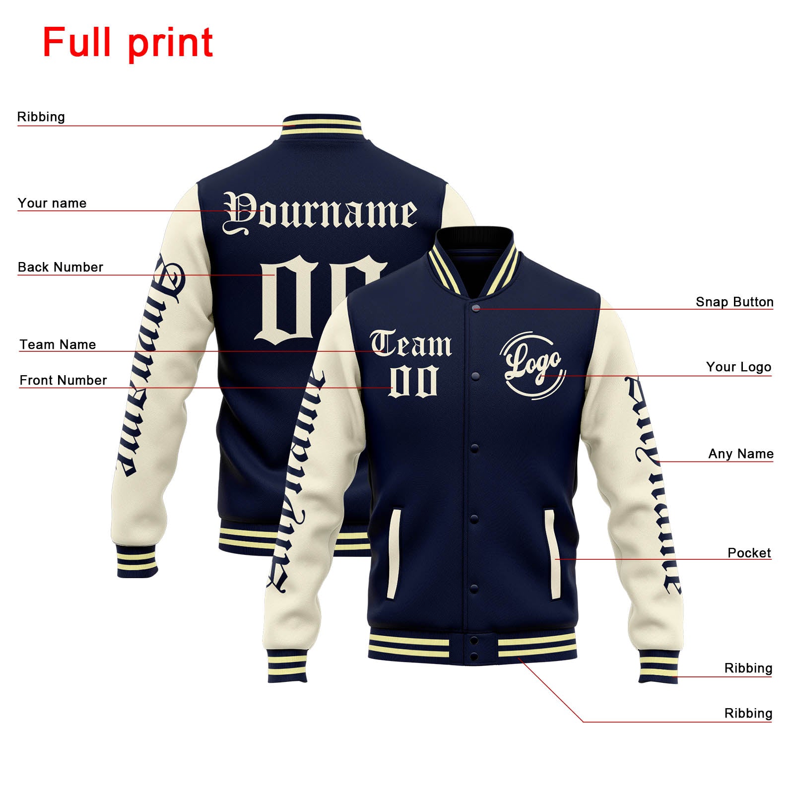 Custom Varsity Jacket Letterman Jacket For Men, Women And Youth Navy Cream