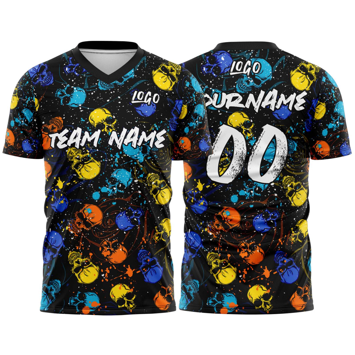 Custom Splash Skull-Blue&Yellow T-Shirts for Sports Fans, Personalized Name and Number