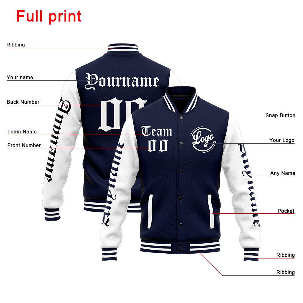Custom Varsity Jacket Letterman Jacket For Men, Women And Youth Navy White