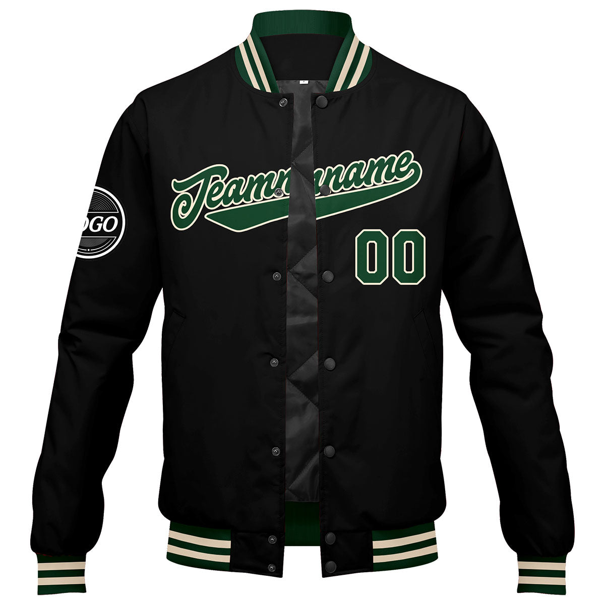 Custom Varsity Jacket Letterman Jacket For Men, Women And Youth Dark Green Black Cream