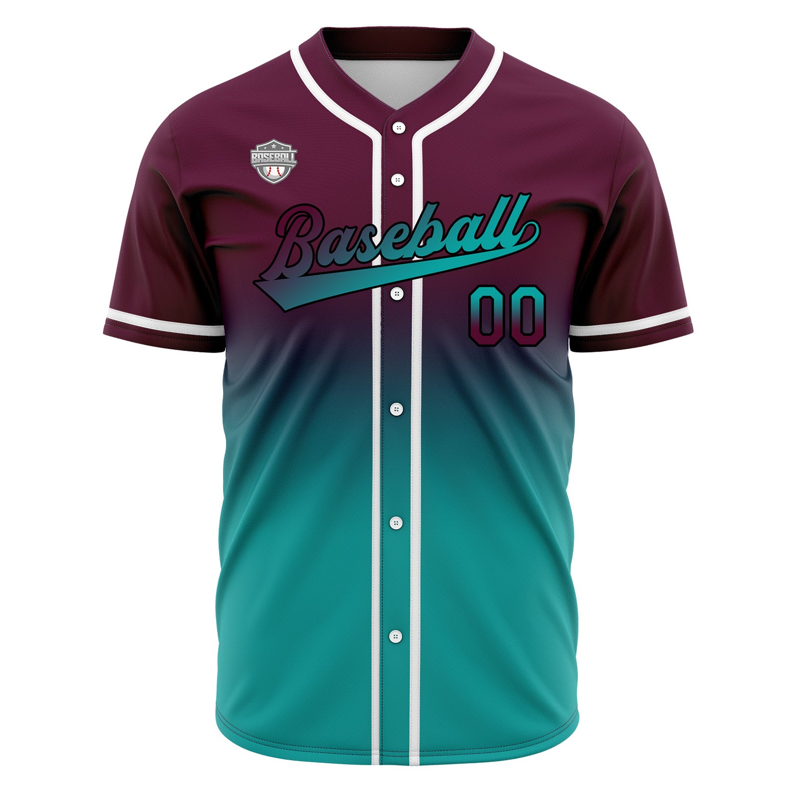 Custom Gradient Print Hip Hop Button Down Baseball Jersey Burgundy&Teal