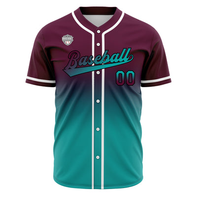 Custom Gradient Print Hip Hop Button Down Baseball Jersey Burgundy&Teal