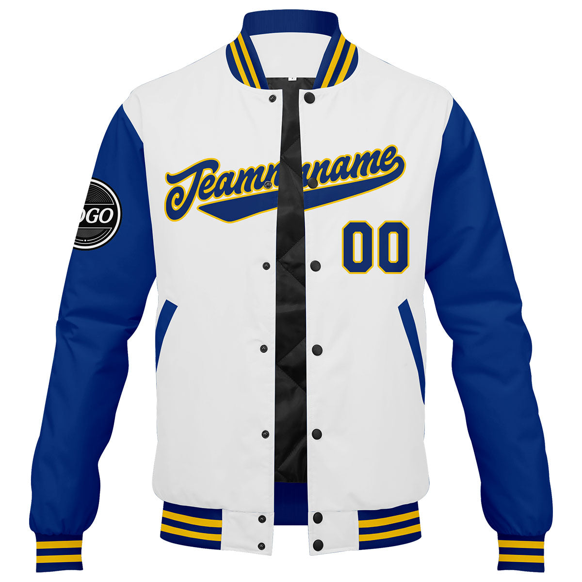 Custom Varsity Jacket Letterman Jacket For Men, Women And Youth Royal White Yellow