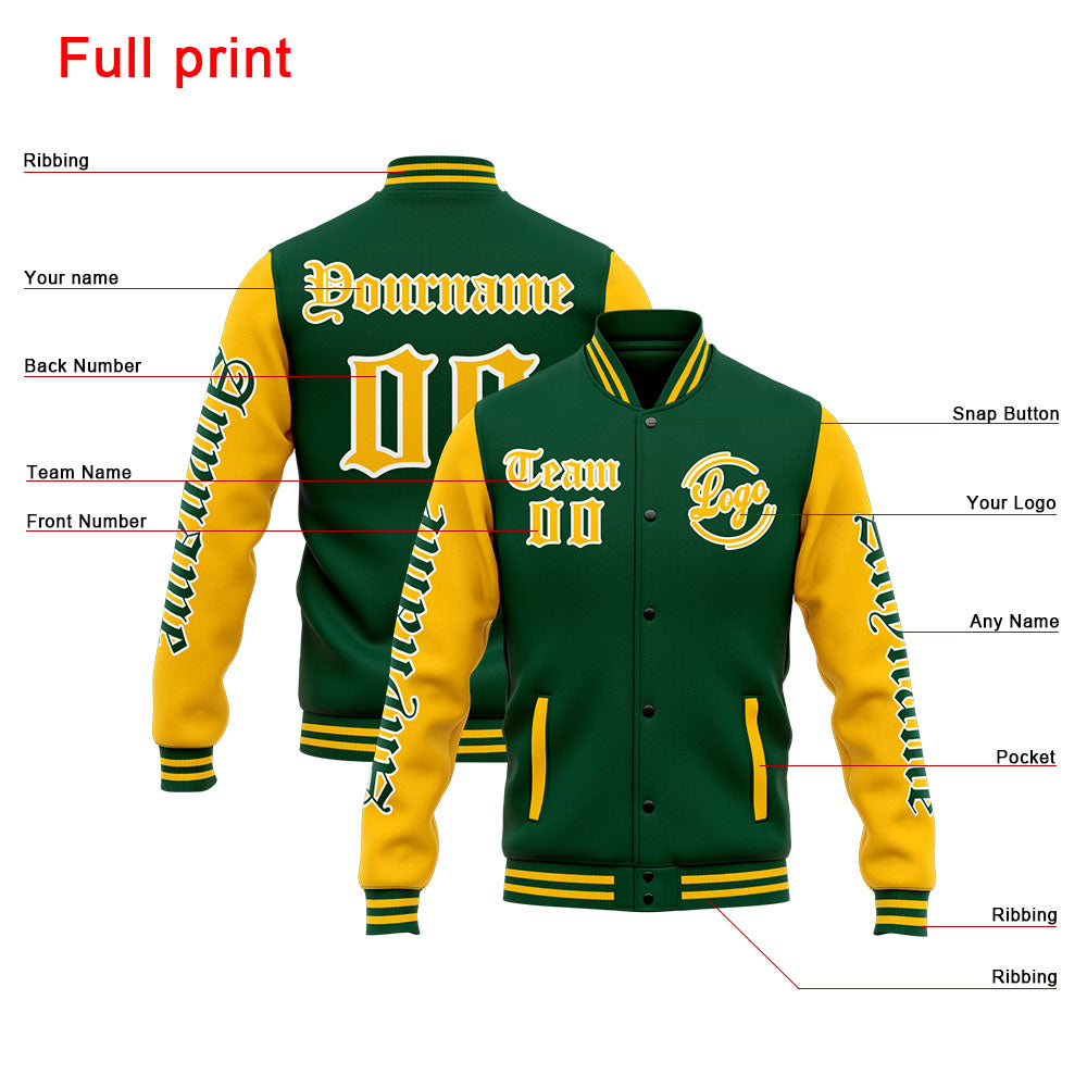 Custom Varsity Jacket Letterman Jacket For Men, Women And Youth Green Yellow