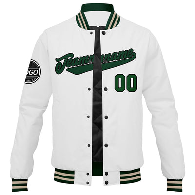 Custom Varsity Jacket Letterman Jacket For Men, Women And Youth Drak Green White Cream