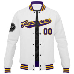 Custom Varsity Jacket Letterman Jacket For Men, Women And Youth Purple White Yellow