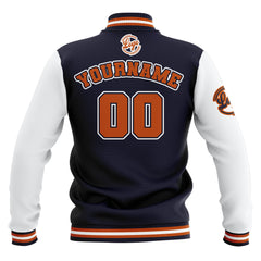 Custom Navy White Orange Waterproof Varsity Jackets Personalized Stitched Name Number Logo to Letterman Jackets