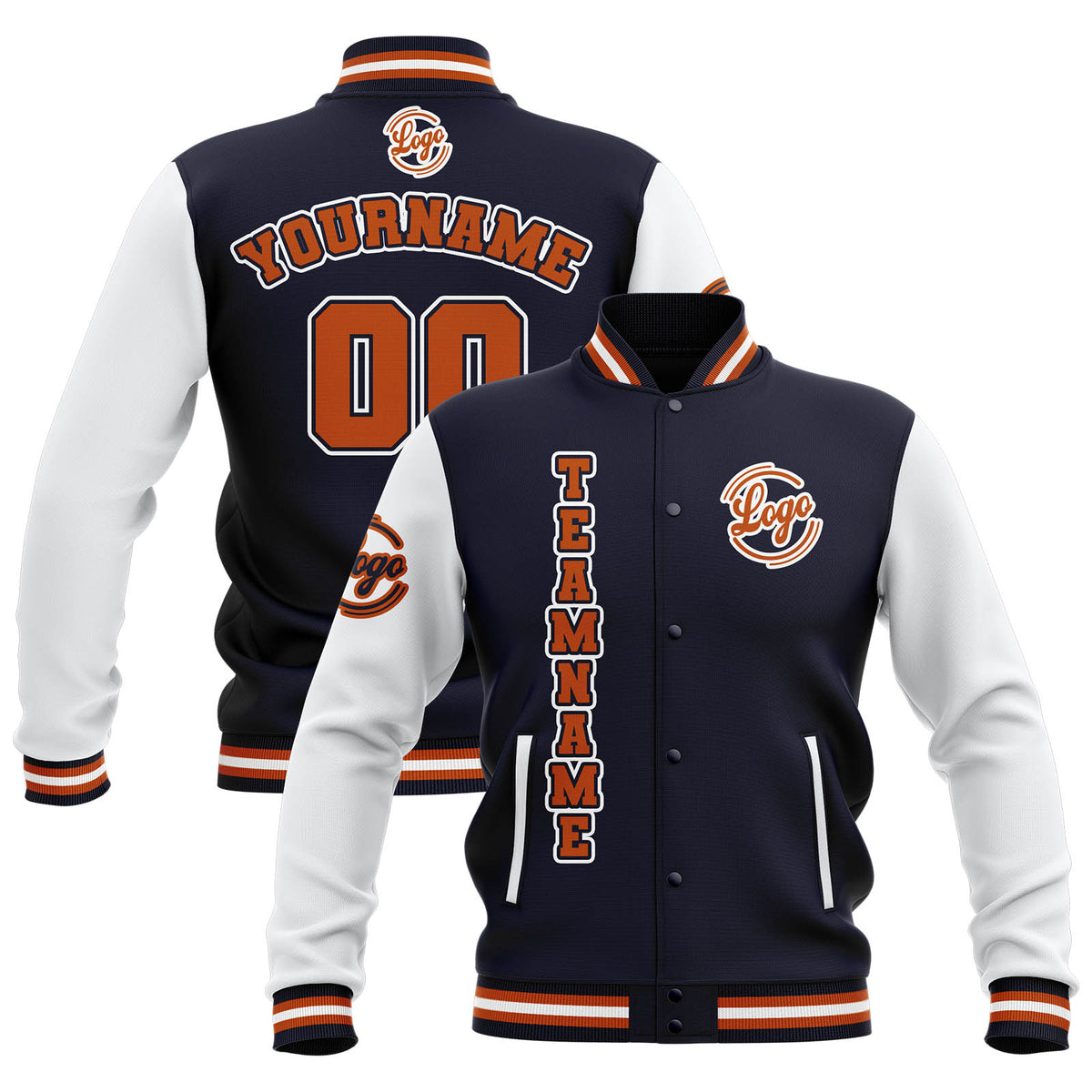 Custom Navy White Orange Waterproof Varsity Jackets Personalized Stitched Name Number Logo to Letterman Jackets