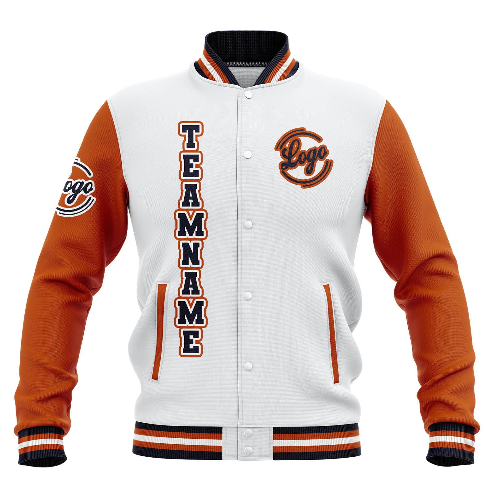 Custom White Orange Navy Waterproof Varsity Jackets Personalized Stitched Name Number Logo to Letterman Jackets