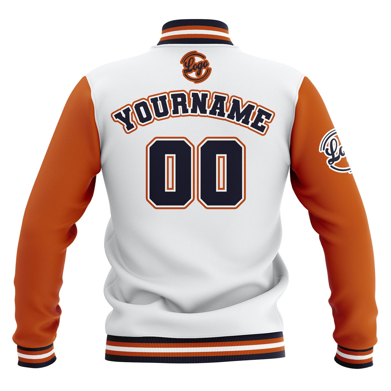 Custom White Orange Navy Waterproof Varsity Jackets Personalized Stitched Name Number Logo to Letterman Jackets