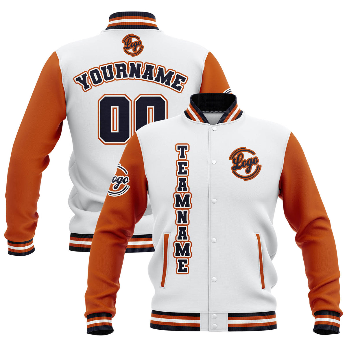 Custom White Orange Navy Waterproof Varsity Jackets Personalized Stitched Name Number Logo to Letterman Jackets