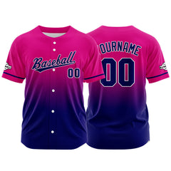 Custom Gradient Print Hip Hop Button Down Baseball Jersey Fuchsia&Navy