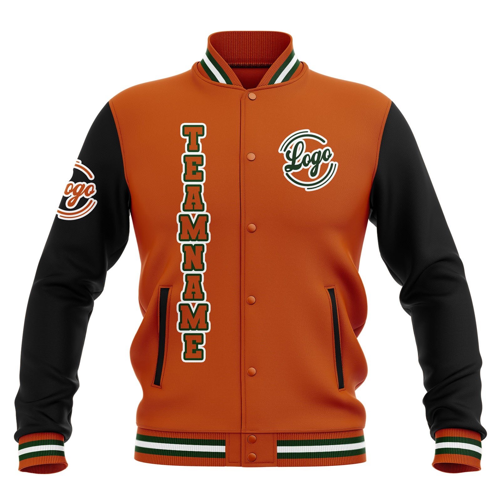 Custom Black Orange Green  Waterproof Varsity Jackets Personalized Stitched Name Number Logo to Letterman Jackets