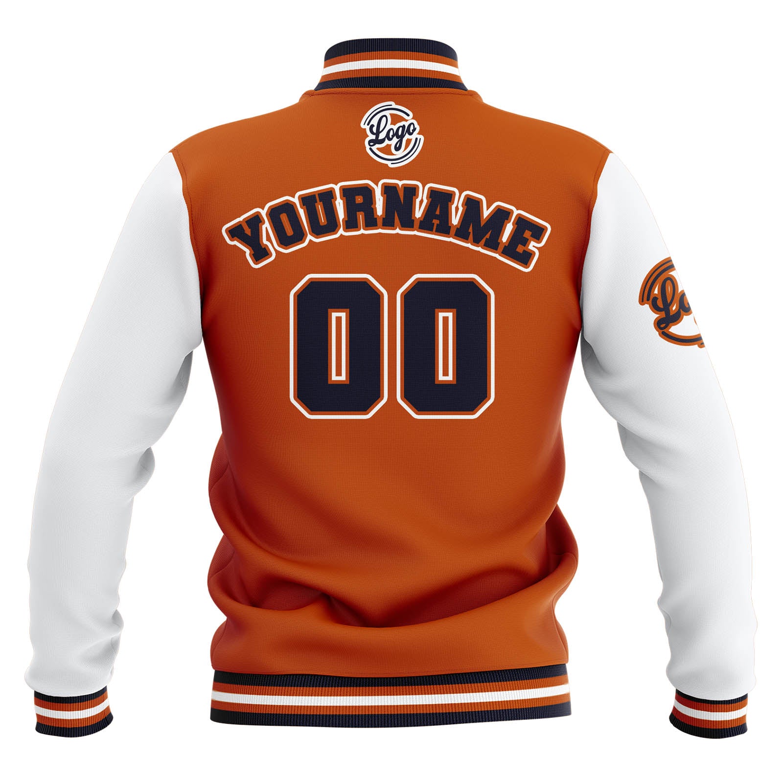 Custom Orange White Navy Waterproof Varsity Jackets Personalized Stitched Name Number Logo to Letterman Jackets