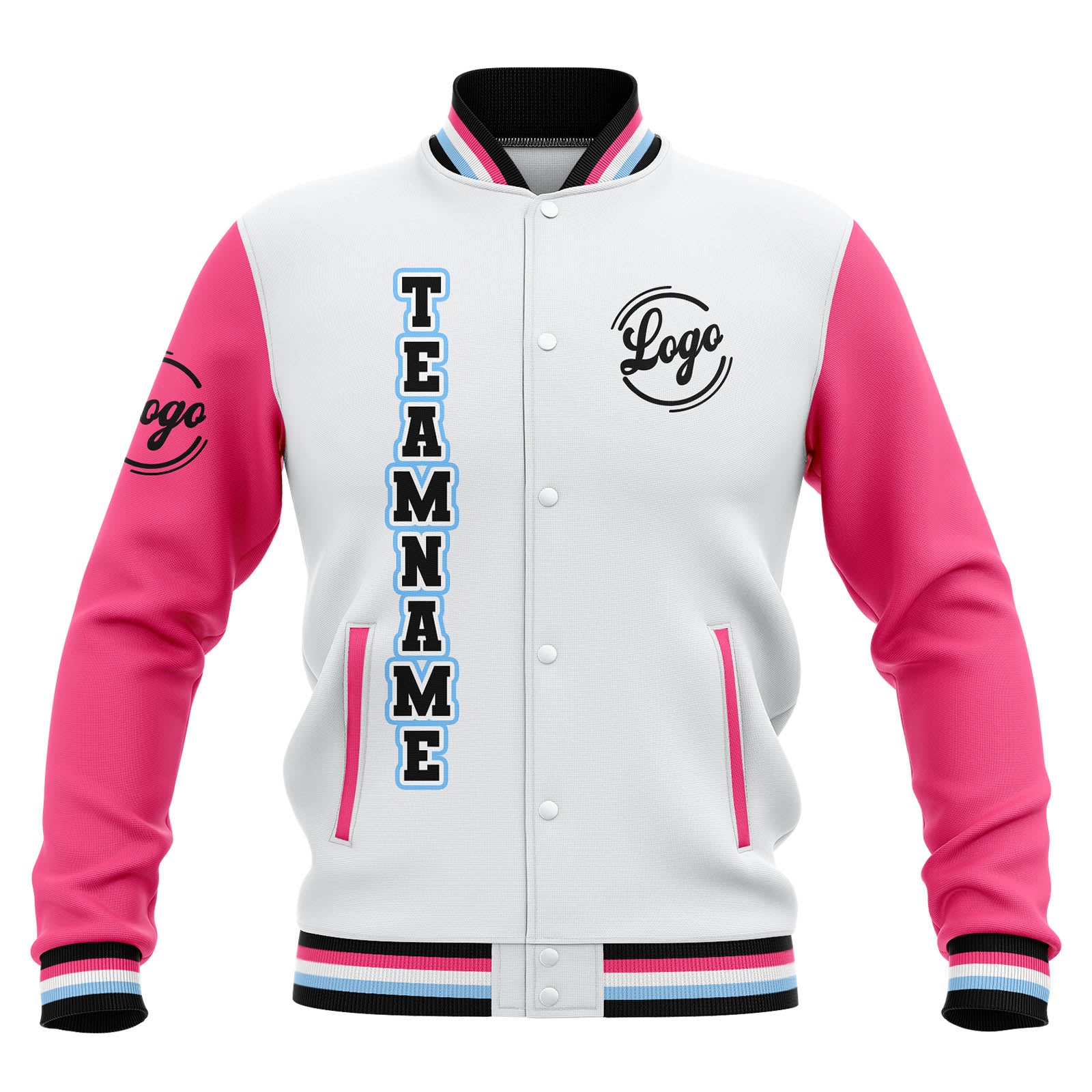 Custom White Pink Black Waterproof Varsity Jackets Personalized Stitched Name Number Logo to Letterman Jackets