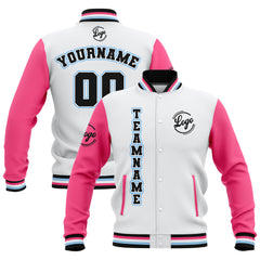 Custom White Pink Black Waterproof Varsity Jackets Personalized Stitched Name Number Logo to Letterman Jackets