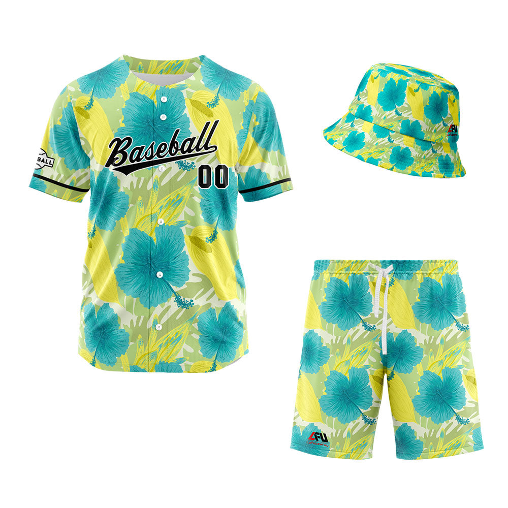 Custom Hawaiian Baseball Jersey and Shorts Set 2 Pieces Print Beach Suit with adults and kid for Bucket Hats