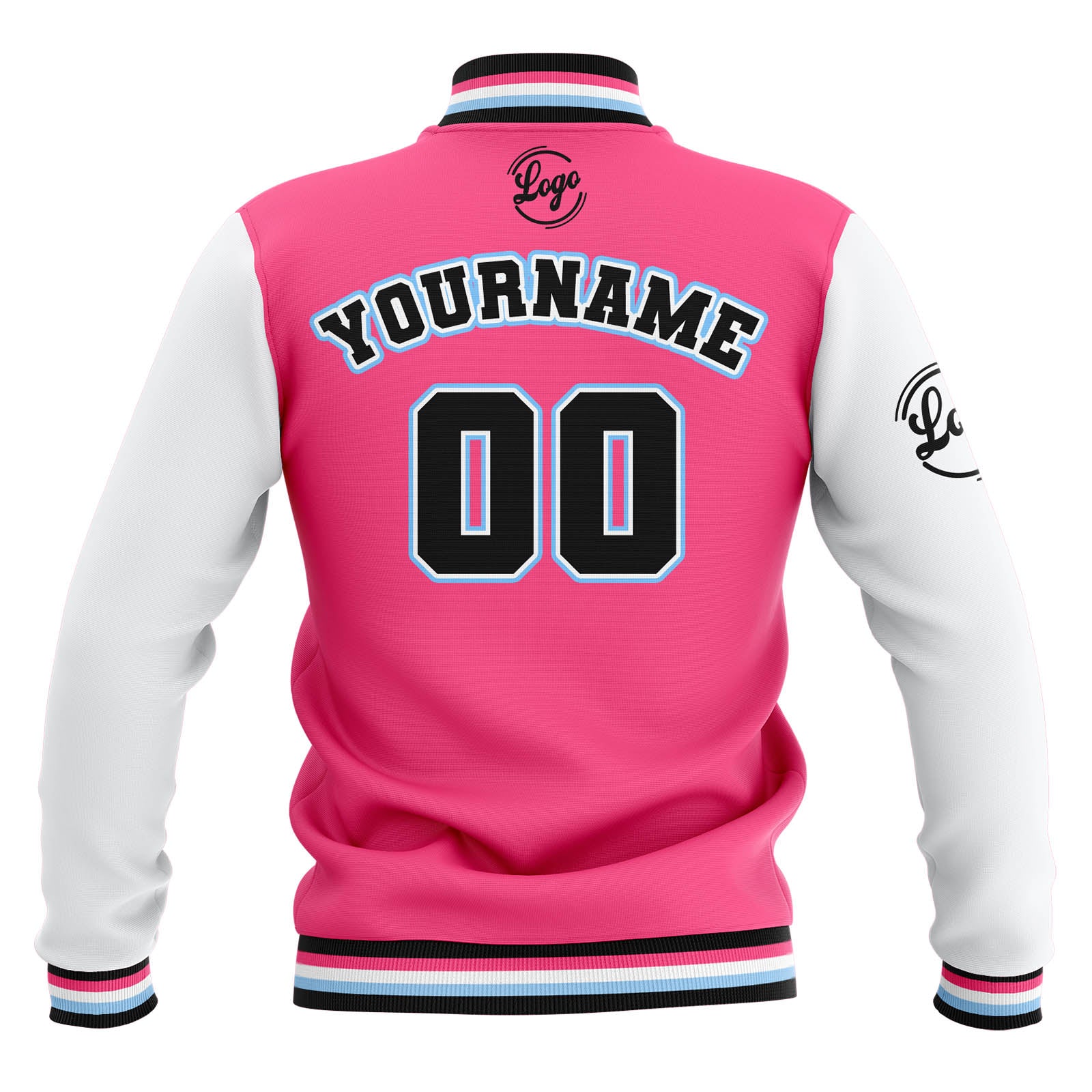 Custom Pink White Black Waterproof Varsity Jackets Personalized Stitched Name Number Logo to Letterman Jackets