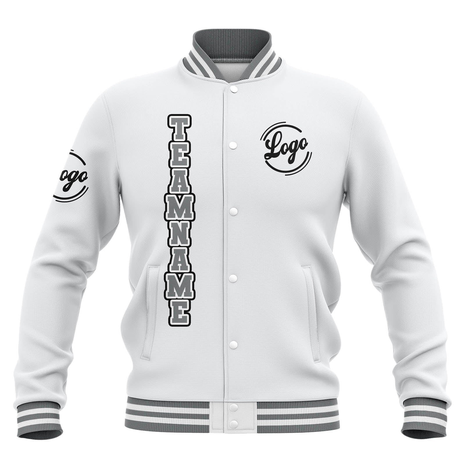 Custom White Grey Waterproof Varsity Jackets Personalized Stitched Name Number Logo to Letterman Jackets