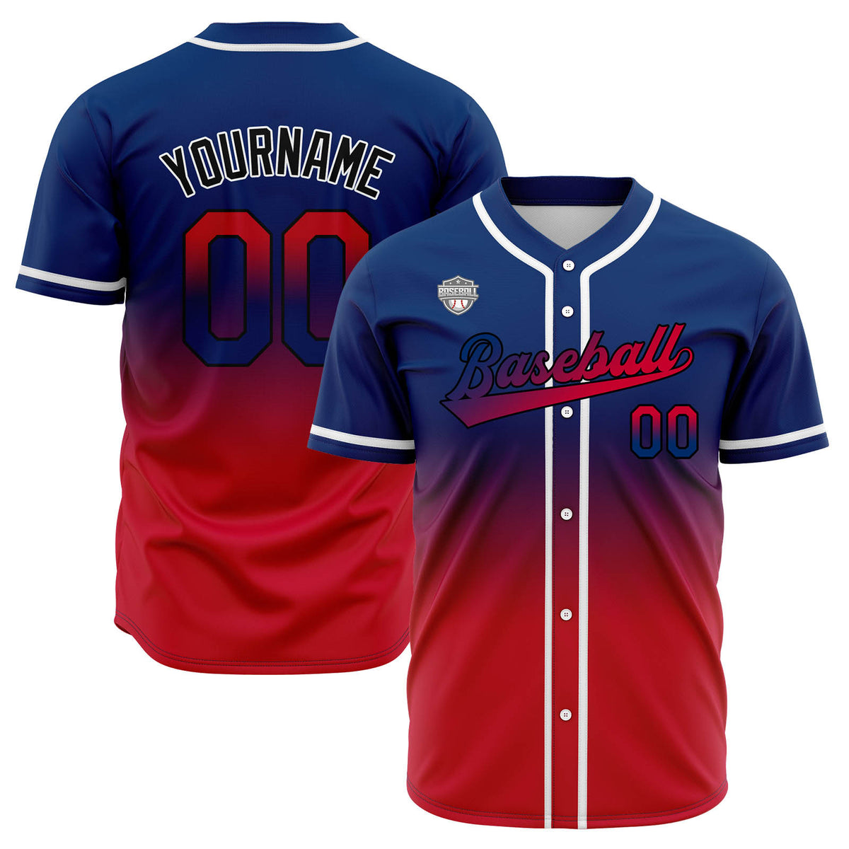 Custom Gradient Print Hip Hop Button Down Baseball Jersey Navy&Red