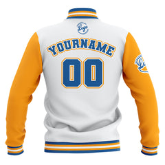 Custom White Yellow Blue Waterproof Varsity Jackets Personalized Stitched Name Number Logo to Letterman Jackets