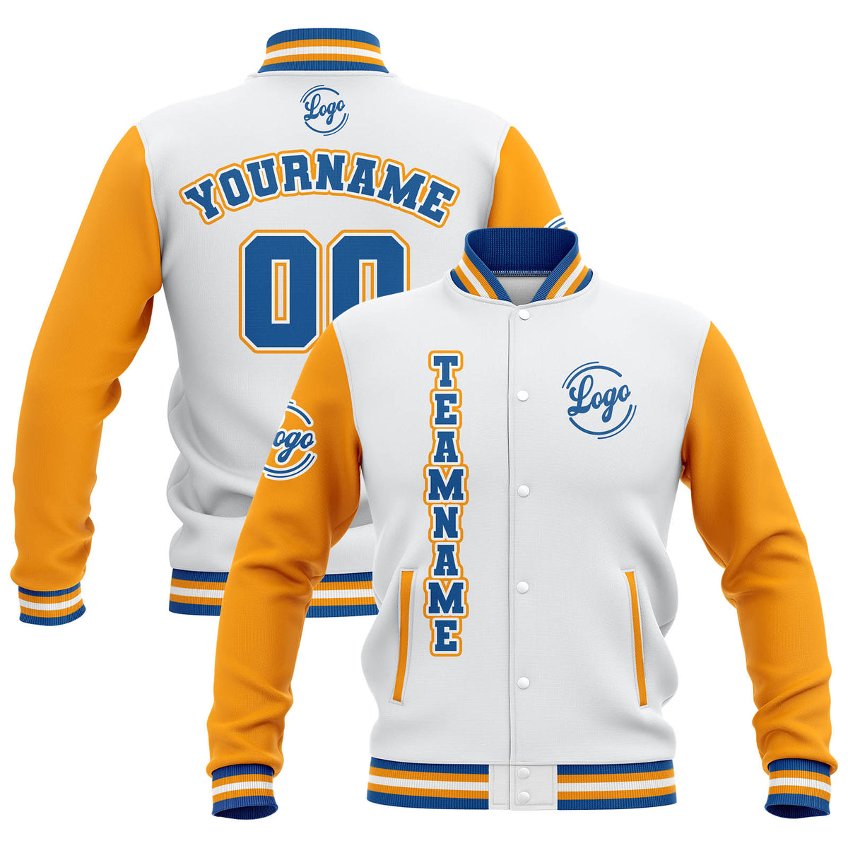 Custom White Yellow Blue Waterproof Varsity Jackets Personalized Stitched Name Number Logo to Letterman Jackets