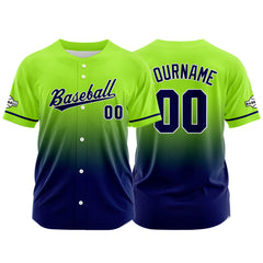 Custom Gradient Print Hip Hop Button Down Baseball Jersey Neon Green&Navy