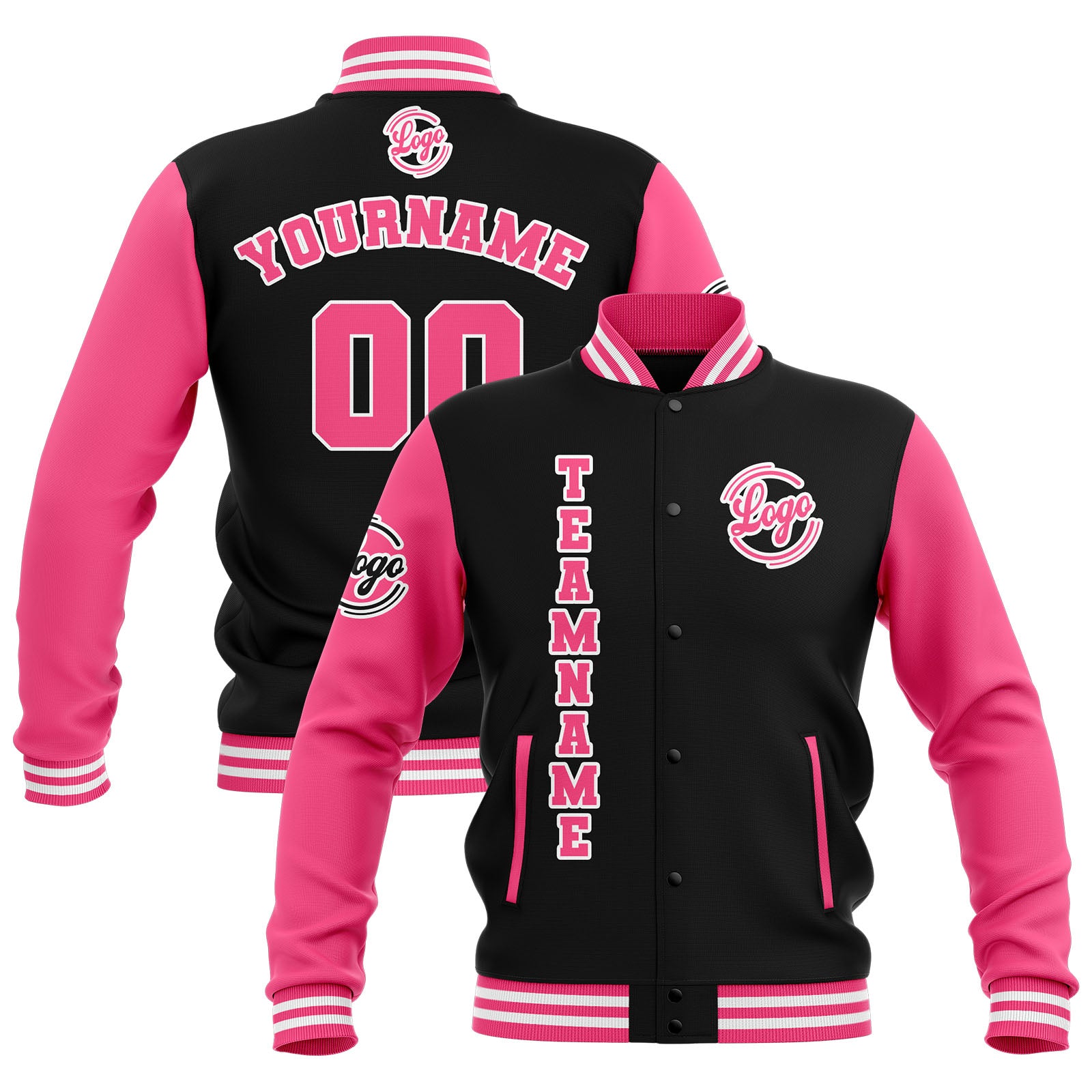 Custom Black Pink White  Waterproof Varsity Jackets Personalized Stitched Name Number Logo to Letterman Jackets