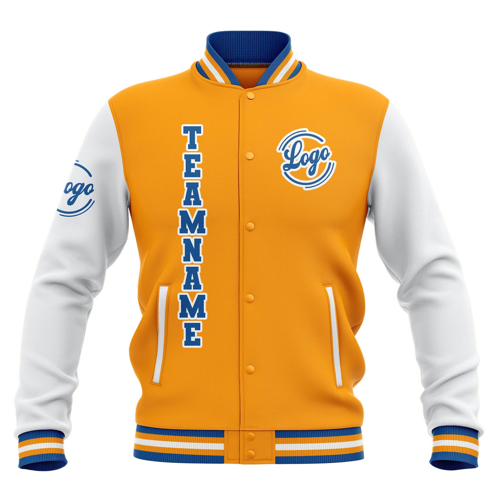 Custom Yellow White Blue Waterproof Varsity Jackets Personalized Stitched Name Number Logo to Letterman Jackets